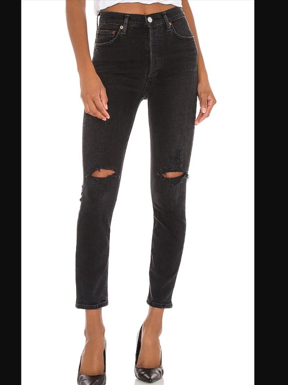 AGOLDE Nico High Rise Ripped Button-Fly Slim in Cassette Faded Black Jeans - 23